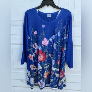 Women's Et Lois  Floral Garden Art To Wear 3/4 Sleeve Tunic Top  Blue USA XL